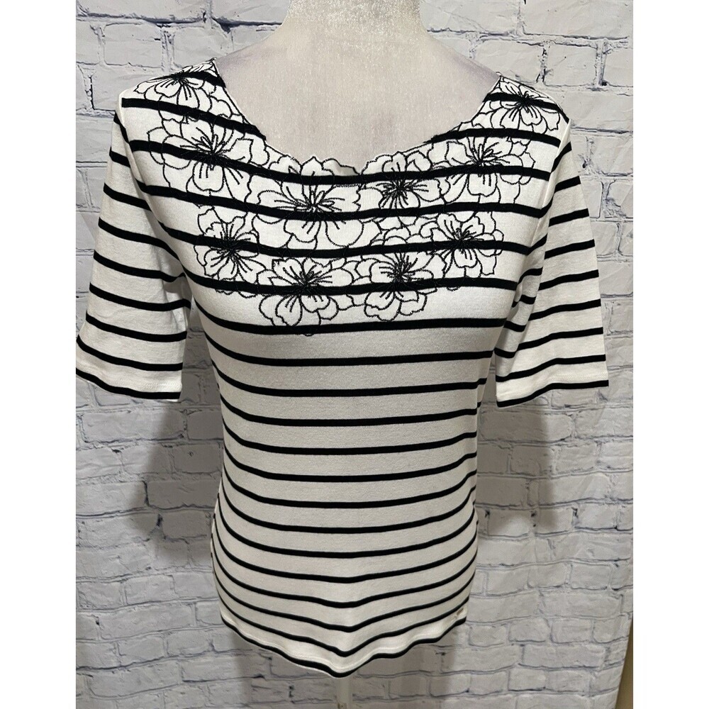 NWT Tommy Hilfiger Black And White Stripe Floral Top Blouse Cotton Small $49
